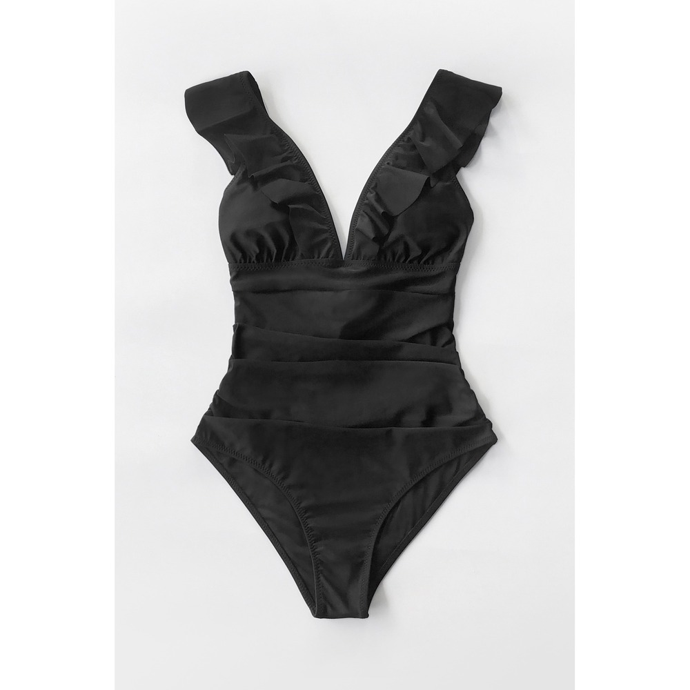 Cupshe Ruffle One Piece Swimsuit Lace Up Back V Neck Bathing Suit black size L - Picture 4 of 6